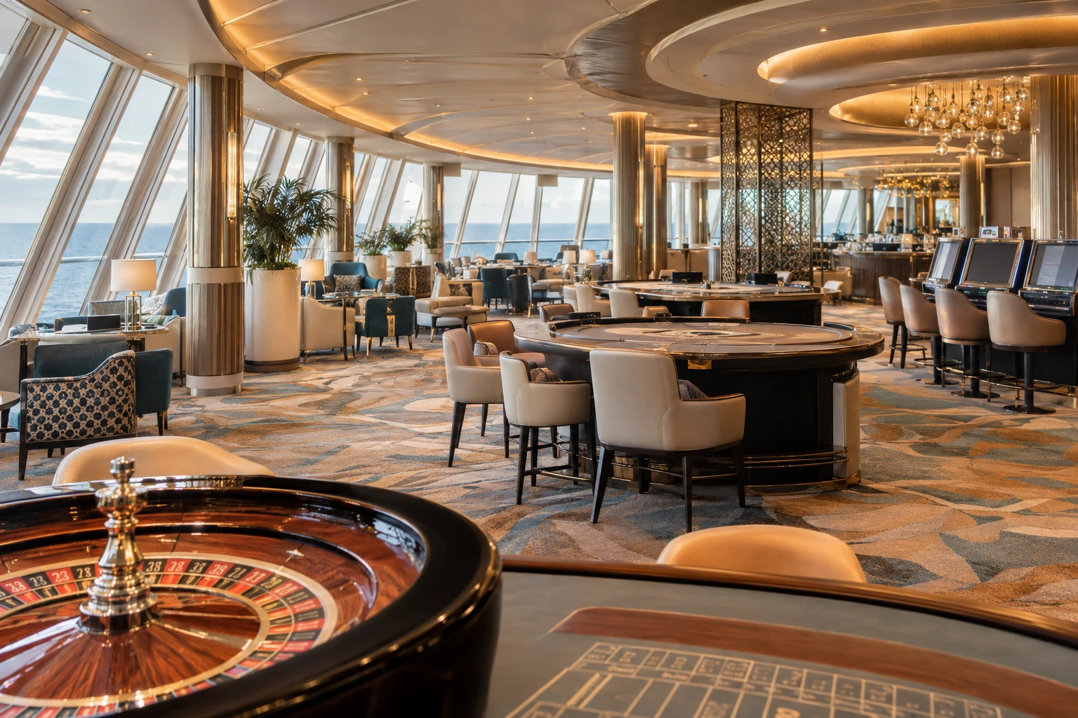 Geometric onboard casino with roulette and card tables in natural daylight
